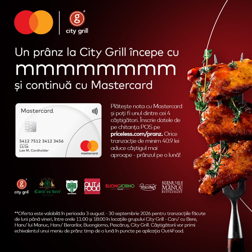Promo banner for City Grill with Mastercard: a white Mastercard card on the left and a skewered roasted chicken on the right.