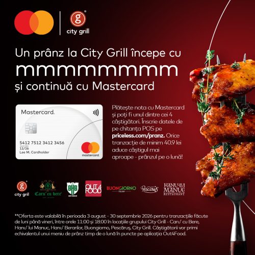 Promo banner for City Grill with Mastercard: a white Mastercard card on the left and a skewered roasted chicken on the right.