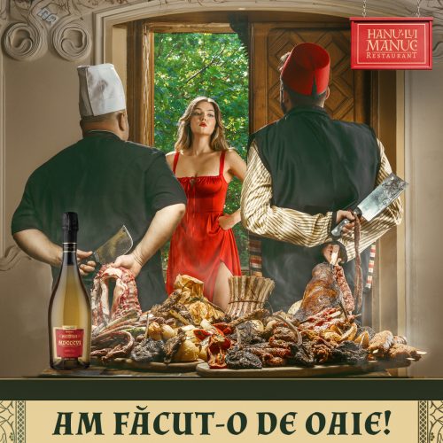 A woman in a red dress stands between two butchers holding meat-cleavers in a restaurant window display, with a crowd of roasted meats and a wine bottle in the foreground.