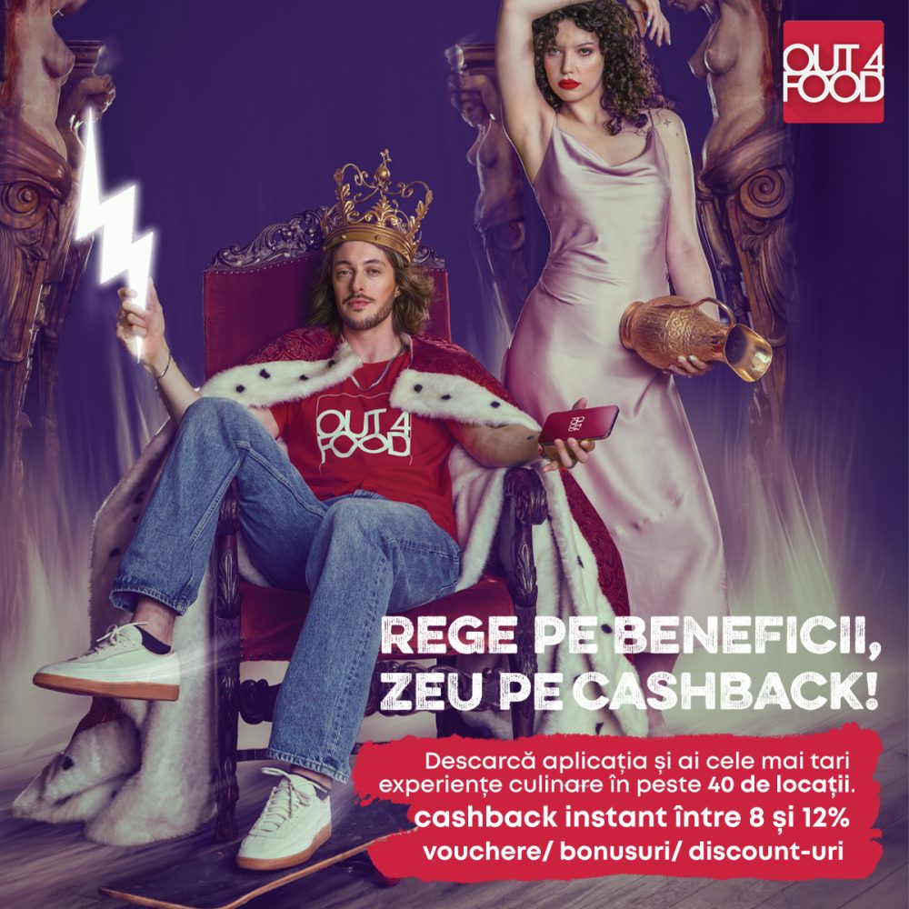 A man wearing a crown sits on a throne holding a glowing lightning bolt and a phone, with a woman in a satin dress beside him; brand logo in corner, bold promo text on the bottom.