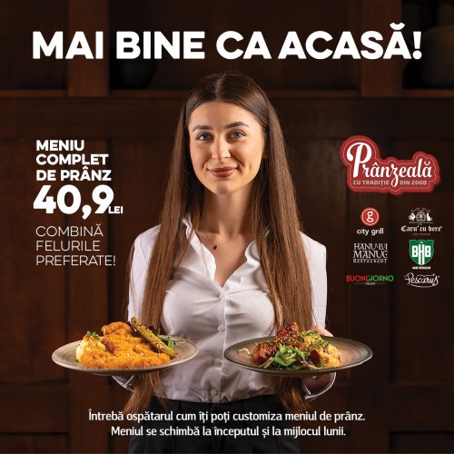 Tânără chelneriță zâmbitoasă ține două farfurii cu mâncare într-un restaurant, promovând meniul de prânz de 40,9 lei și mesajul 'Mai bine ca acasă!'