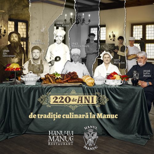 Collage of historical chefs from 1806 to today seated at a long banquet table, celebrating 220 years of Manuc restaurant.