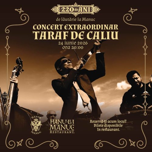 Concert poster for Taraf de Caliu, 24 June 2026, 8:00 PM, sepia-toned image of musicians performing, with ornate borders and restaurant logos.