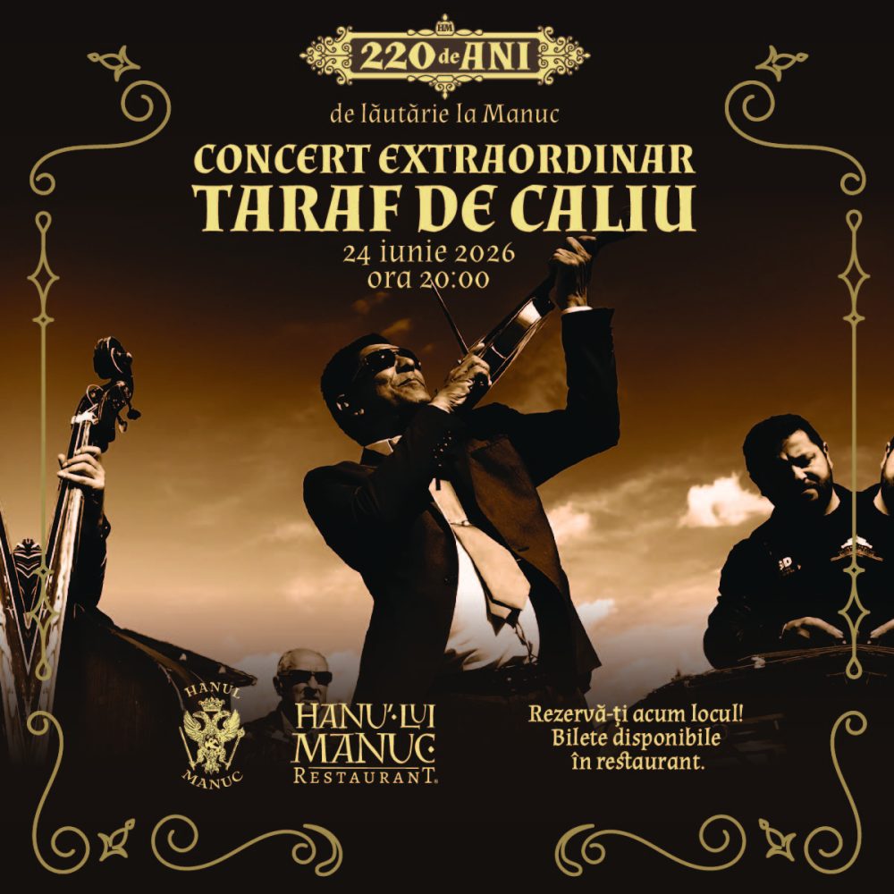 Promotional poster for Taraf de Caliu concert at Hanu' lui Manuc, June 24, 2026, 8:00 PM, with decorative gold border motifs.