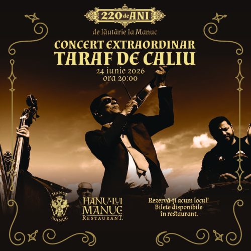 Promotional poster for Taraf de Caliu concert at Hanu' lui Manuc, June 24, 2026, 8:00 PM, with decorative gold border motifs.