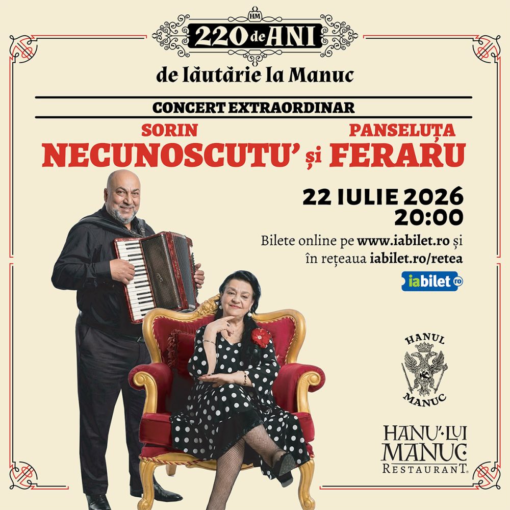 Concert poster: left a man with an accordion and a woman in a red chair, announcing Sorin Necunoscutu' and Panseluta Feraru, July 22, 2026 at 20:00; tickets at iaBilet.ro and iaBilet.ro/retéea.