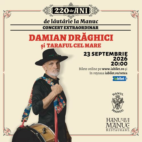 Poster advertising Damian Drăghici and Taraful Cel Mare concert, Sept 23, 2026 at 20:00, Hanul Manuc restaurant, tickets via iabilet.ro (www.iabilet.ro).
