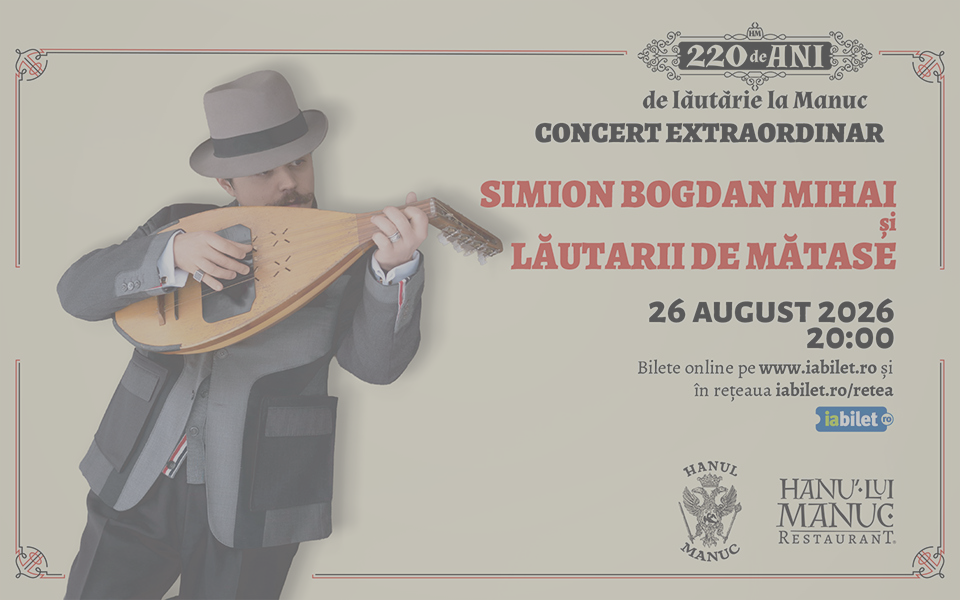 Promotional concert poster featuring a man in a suit playing a lute-like instrument, with Romanian event details and date.