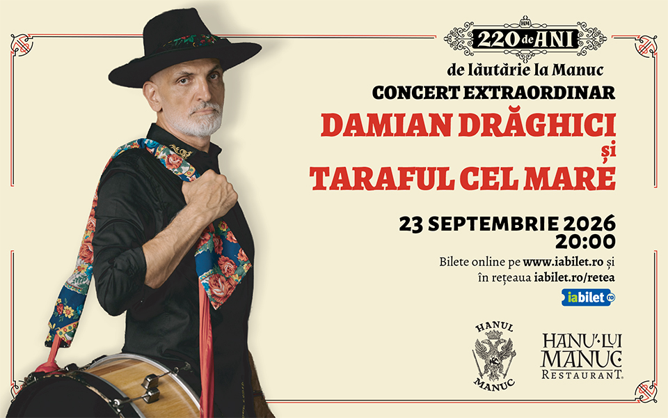 Promotional poster for an extraordinary concert by Damian Draghici and Taraful Cel Mare on Sept 23, 2026 at 20:00.