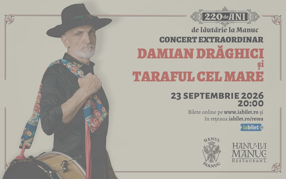 Promotional poster for Damian Drăghici and Taraful Cel Mare concert on Sept 23, 2026 at 20:00; online tickets at iabilet.ro/enetaw.