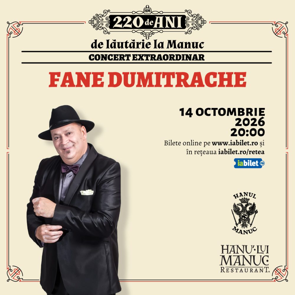 Poster advertising Fane Dumitrache concert on Oct 14, 2026 at 20:00; features a man in a black suit and hat on the left, with venue logos (Hanul Manuc) bottom right. Tickets online at iabilet.ro.