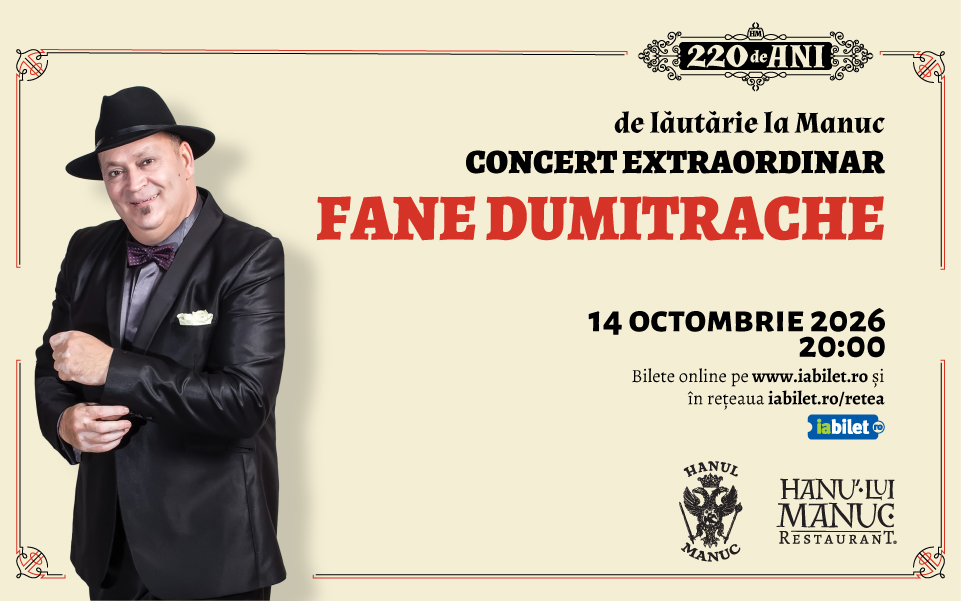 Poster announcing Fane Dumitrache's concert at Hanul Lui Manuc, October 14, 2026 at 8:00 PM; features a smiling man in a black suit and hat on the left.