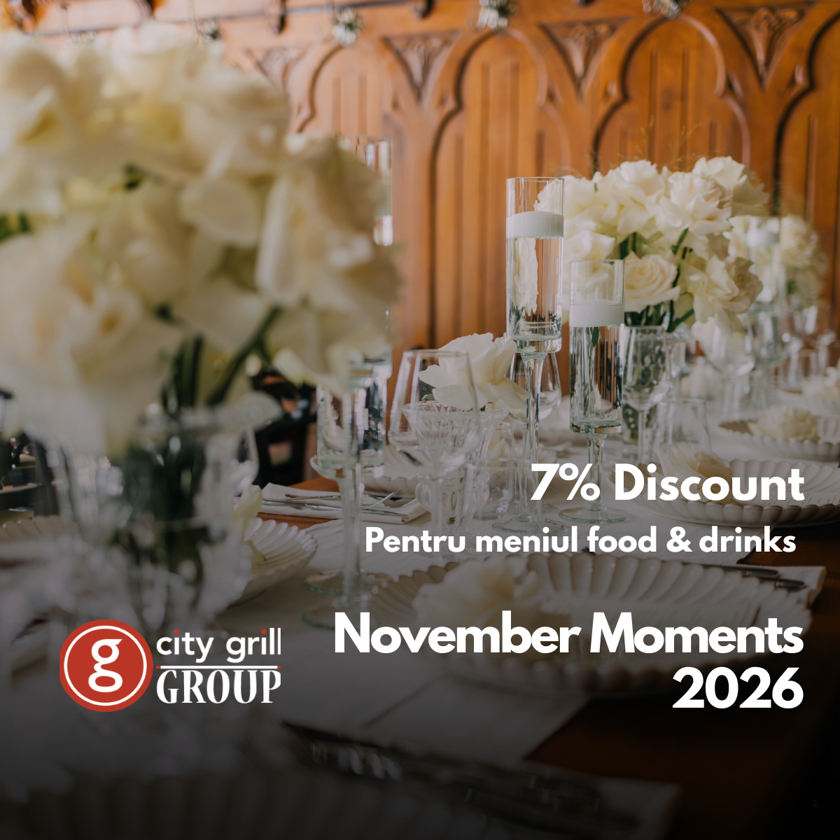 Promo banner for City Grill Group: 7% discount on food and drinks, November Moments 2026.